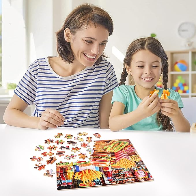 LELEMON Hamburger Jigsaw Puzzles in a Metal Box 100 Pieces Hamburger Fried Chicken French Fries Jigsaw Puzzle for Kids Ages 4-8 Children Learning Educational Puzzles Toys