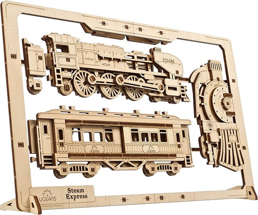 UGEARS 2.5D Framed Steam Express - Classic Train Wood Model Kit with Movable Wheels, Mechanisms & Doors – Steam Train Wooden Puzzle Model Kits for Adults - Home and Office Decor
