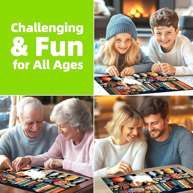 Vintage Floral Library 1000 Piece Jigsaw Puzzle for Adults Colorful Flowers in Ornate Vases Antique Books Challenging Puzzle Game for Christmas Holiday Family Night (27.6" x 19.7")