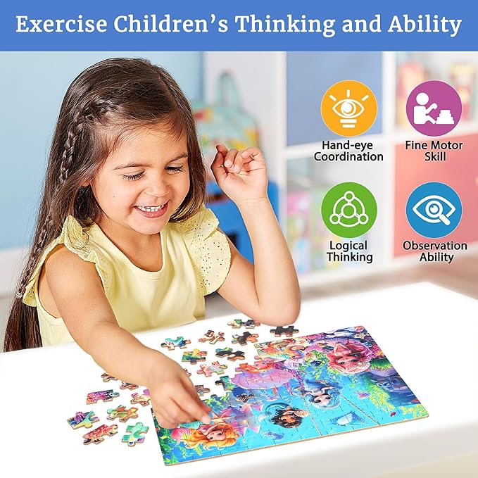 Mermaid Princess Puzzles for Kids Ages 4-8, 100 Pieces Jigsaw Puzzles for Kids Ages 3-5 Puzzle for Girls and Boys Learning Educational Puzzles Toys in a Metal Box