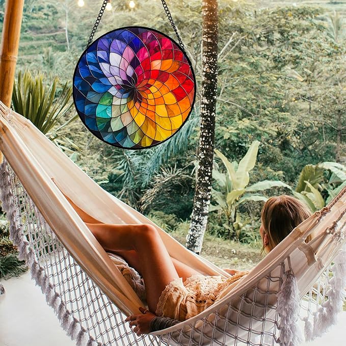Stained Glass Window Hanging - Colorful Flowers Sun Catcher for Door Terrace Garden Home Decor, Abstract Gradient Suncatcher Birthday Gifts for Lovers Women Men Dad Mom Nana 15 in
