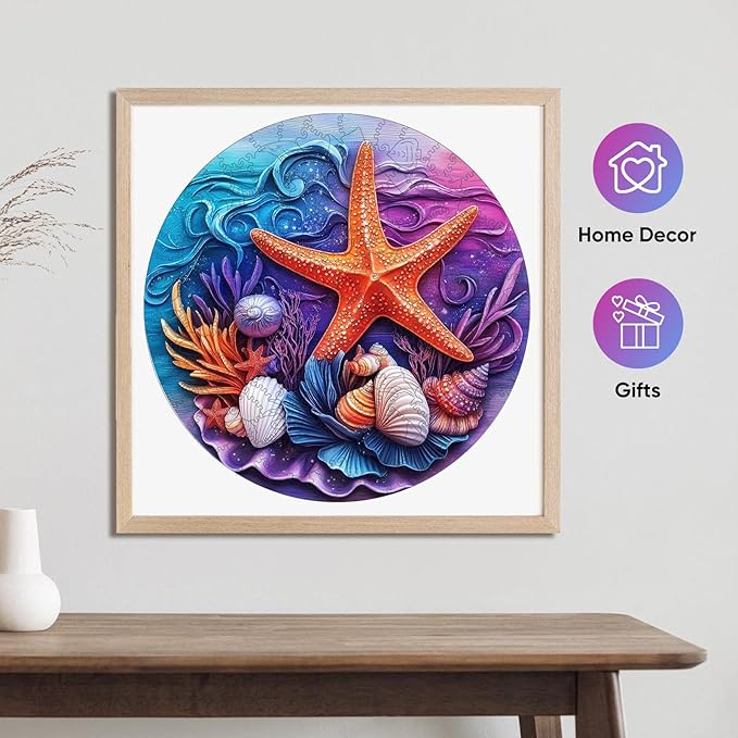 delobil Wooden Puzzles for Adults, Shell Starfish Jigsaw Puzzles 500 Pieces, Unique Shape Puzzles with Wooden Box, 16.5 x 16.5 Inches Family Game Gift, Fun Challenging Puzzles for Adults and Kids