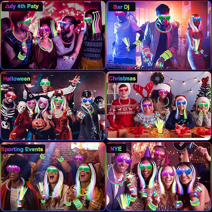 158 PCS Glow in the Dark Halloween Party Supplies, 14PCS LED Glasses, 30LED Finger Lights, 14LED Light Hairs and 100PCS Glow Sticks Bracelets, Neon Party Favors for Wedding,Concert, Birthday