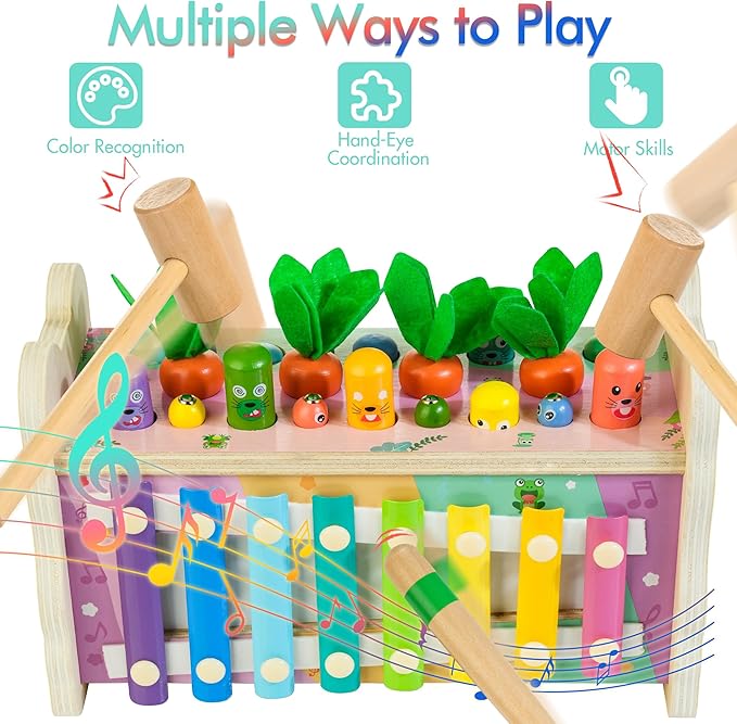 6-in-1 Wooden Montessori Toys for 1 Year Old, Mole-Tapping Game | Play The Xylophone | Frog Clock | Carrot Harvest Game | Spinning Gear, Baby Toy Gift for Early Learning