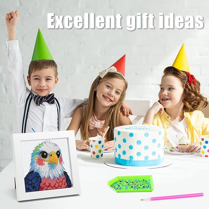 geesfayan Diamond Art Kits for Kids Ages 8-12,6 Inch DIY Gem Art Painting with 7 Inch Frame, Complete Starter Kit for Beginners, Creative Arts & Crafts Gift for Girls & Boys (Eagle)