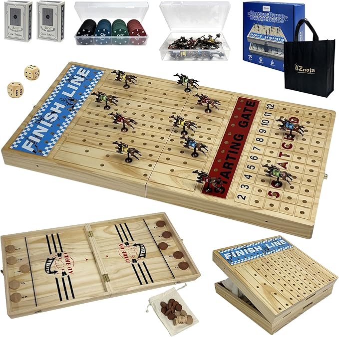 Large 23 inches Horse Racing Board Game with 11 Luxury Metal Numbered Horses, Foldable Wood Horse Race Board Game with 2 Sets of Dice, 2 Boxes of Cards, 80pc Poker Chips for Parties and Gambling