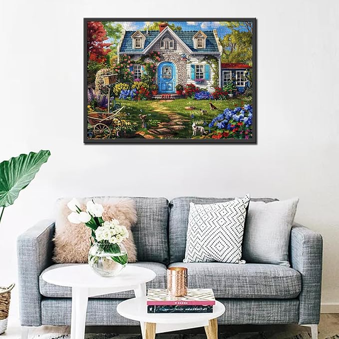 Beautiful Cabin Jigsaw Puzzle，Blue Door Charming House Scenery 1000 Pieces Jigsaw Puzzles for Adults，27 x 20 Inches Puzzles ，HD Quality Warm Wall Puzzle Gift，Family Activity Perfect for Game Night