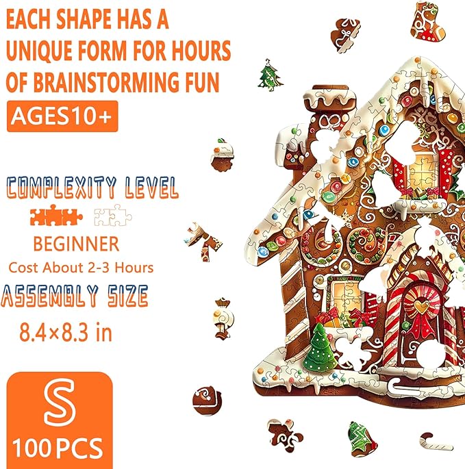 Wooden Puzzles for Adults, Christmas Gingerbread House Wooden Jigsaw Puzzle, Unique Shape Wood Puzzles Adult, Presents for Family, Wall Art Home Decor (S-8.4 * 8.3in- 100 Pieces)