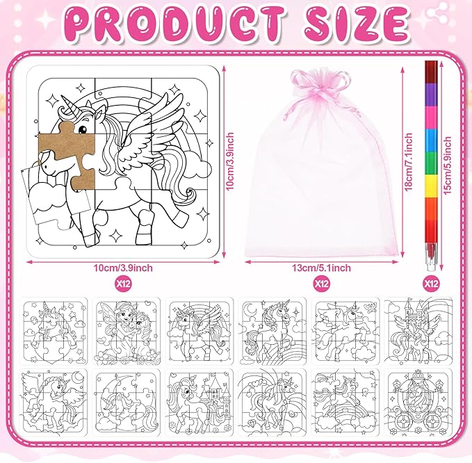 12 Sets Unicorn Puzzles Rainbow Color Your Own Puzzles DIY Jigsaw Crafts with 12 Stackable Crayons and 12 Bags for Pastel Macarons Theme Gifts Birthday Party Supplies(12, Unicorn)