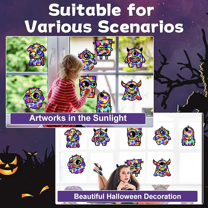 32 Sets Halloween Monster Suncatchers Craft Kit DIY Window Stained Glass Effect Halloween Monster Paper Crafts Home School Classroom Decoration Kid Birthday Gift Creative Art Project Activity Game