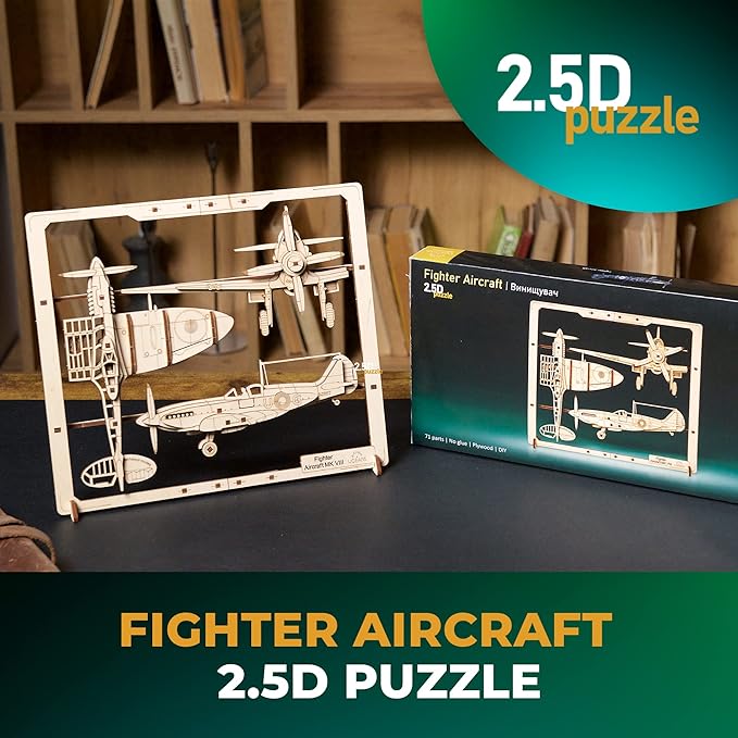 UGEARS 2.5D Framed Fighter Aircraft - Classic Aircraft Wood Model Kit with Movable Aileron, Propeller, Wheel & Canopy - Airplane Wooden Puzzle Model Kits - Home and Office Decor