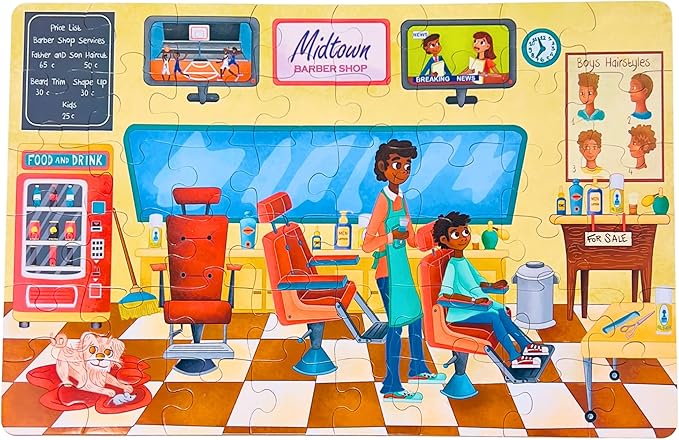 Upbounders- A Day at The Barbershop 48 Piece Floor Puzzle, Beginner Puzzle for Toddlers Kids - African American Boy - Ages 4-8 (Multicultural)