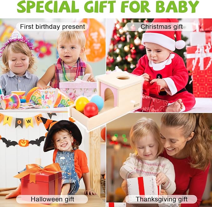 Adena Montessori Object Permanence Box with Tray Three Balls Montessori Toys for 6-12 Months Baby 1 Year Old Infant Toddler (Small Box - for Girl)