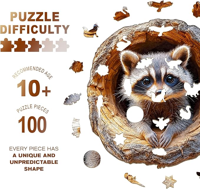 Wooden Jigsaw Puzzles, Tree Hole Raccoon Wooden Puzzles for Adults with Unique Shape, Adult Jigsaw Puzzle, Birthday Gifts for Adults, 8.5"x8.2" - 100pcs