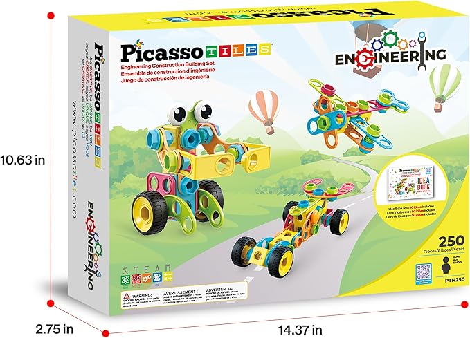 PicassoTiles STEM Learning Toys 250 Piece Building Block Kids Construction Engineering Kit Toy Blocks Children Early Education Playset w/Free IdeaBook, Power Drill, Clickable Ratchet, Age 3+ PTN250