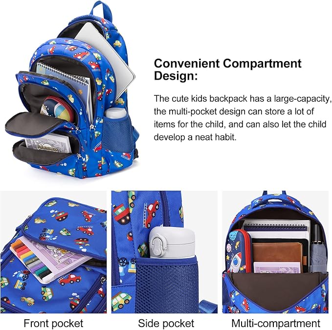 CLUCI Kids Backpack for Boys Bookbags Preschool Toddler Daycare School Bag Elementary Kindergarten Lightweight Waterproof Bluey Backpack Cars