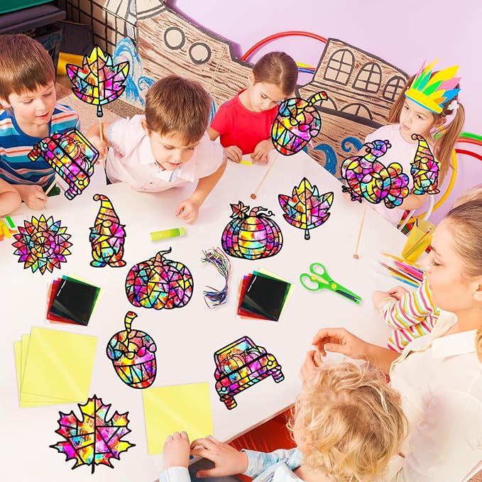 EggSun 36 Sets Fall Thanksgiving Suncatchers Craft Kit for Kids Ornaments Stained Glass Window Arts and Crafts Kit for Classroom Holiday Projects Home Party Favors Decorations Ages 4 8 12