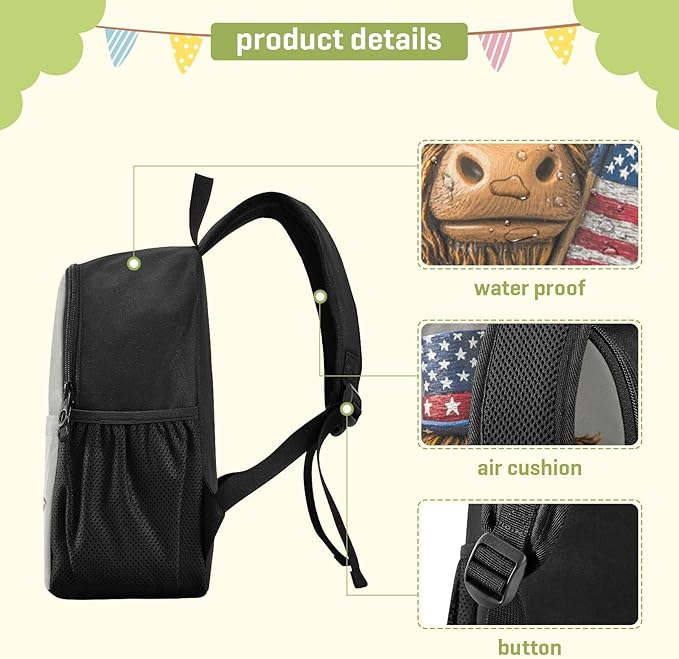 Cow Flag Gray Toddler Backpack for Boys Girls 3-6 Mini Backpacks for Elementary Lightweight Kids Bookbag for Preschool Kindergarten for Travel