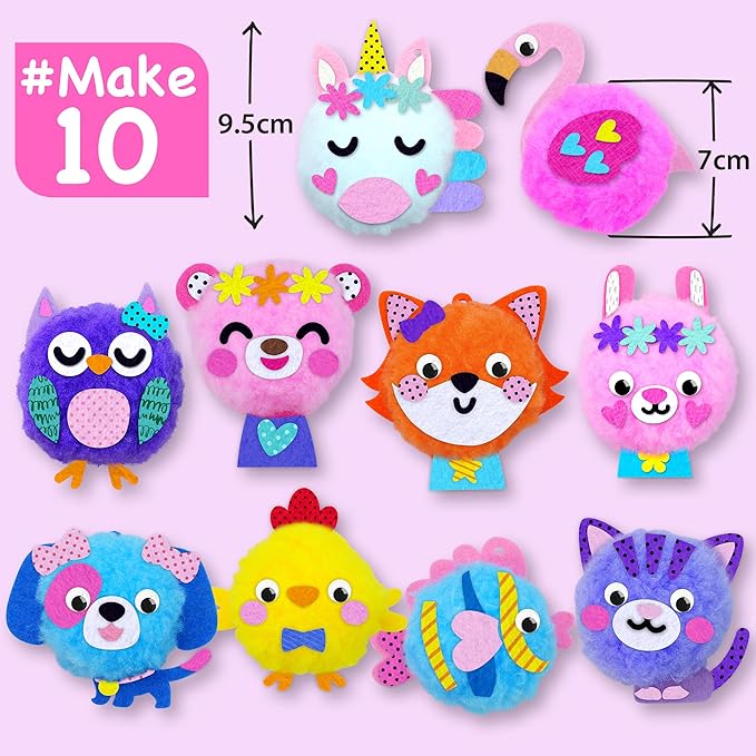 EZCRA Kids Crafts Ages 4-8 – 10 Plush Pom Pom Animal All-in-One DIY Craft Set – Felt Stickers, Educational & Creative Gift for Girls & Boys