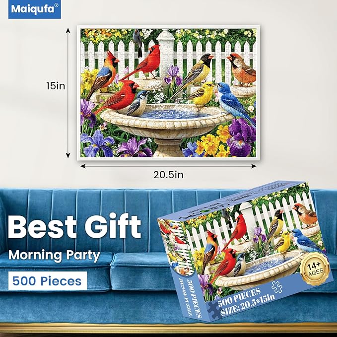 500 Pieces Puzzle for Adults,Birds Bath Flower Fence Puzzle,Recycled Cardboard Animals Jigsaw Puzzle 500 Pieces,Challenging Game Home Decor Birthday Party Gift Toy for Adults Kids Seniors 20.5 * 15 in