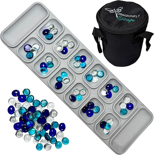 Travel Mancala Game Set – Flexible Silicone Roll-Up Board, 50 Stones & Zippered Canvas Bag – Portable Strategy Game for Adults & Teens (Light Grey)