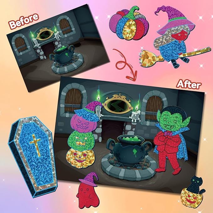 Halloween Crafts for Kids Foil Art No Mess Foil Craft Toy for Kids Ages 4 5 6 7 8 9 10, DIY Activity Kit with Spooky Ghosts, Pumpkins & Bats,Halloween Party Favors Toys & Games for Boys and Girls