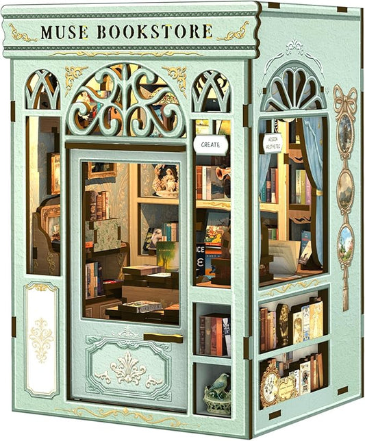 CUTEBEE DIY Book Nook Kit, Miniature House Kits for Adult and Teens, DIY Miniature Book Nook kit with Sensor Led Light, Gifts for Lovers and Family (Muse Bookstore)