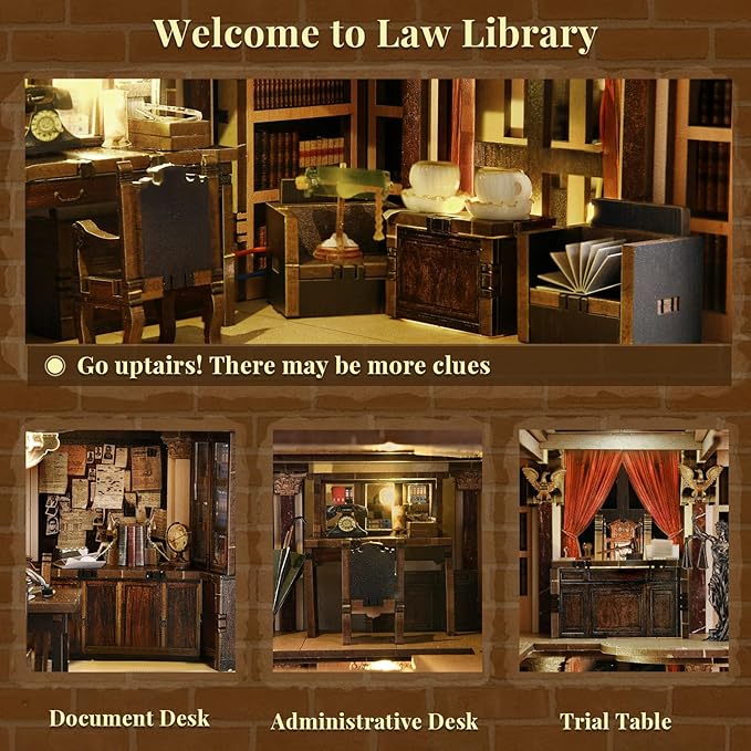 DIY Book Nook Kit for Adults, 3D Wooden Puzzle Bookend Bookshelf Insert Decor with LED Light and Dust Cover (Law Library)