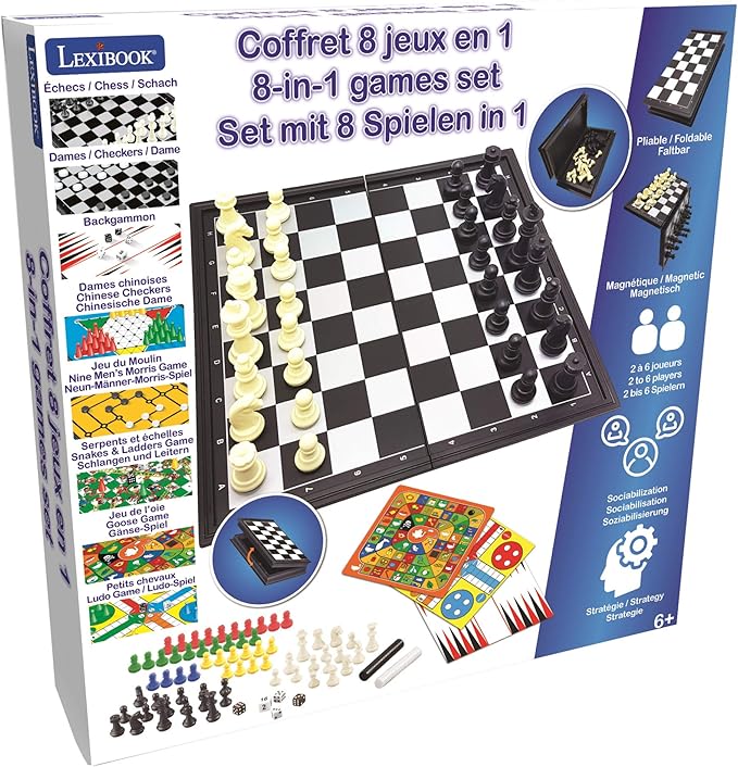 LEXiBOOK 8-in-1 Games Set, Chess, Checkers, Backgammon, Chinese Checkers, Nine Men's Morris, Snakes & Ladders, Goose, Ludo, 2-6 Players, Ages 6+