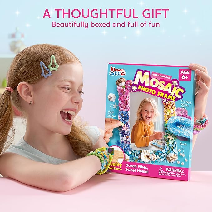 Klever Kits Mosaic Photo Frame Craft Kits, DIY Mosaic Kits for Kids 6 Years Old Girl Birthday Gift Summer Activities, Make Your Own Picture Frame Arts and Crafts for Kids