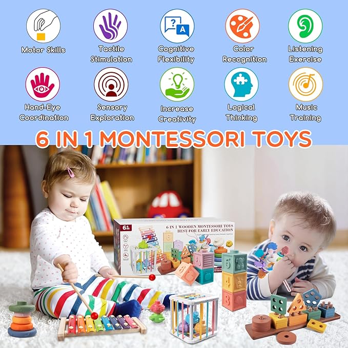 Montessori Baby Toy for 1+ Year Old Sorting Stacking Learning Toys 6 to 12 Months Wooden Building Blocks, Xylophone Musical, Infant Teethers Toys for Baby, 6 in 1 Toy Birthday Gifts for Toddlers 1 2 3