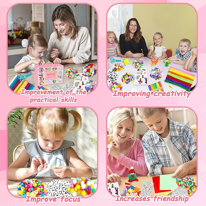 2000 PCS Arts and Crafts Supplies for Kids All-in-1 Craft Kit with Pipe Cleaners Craft Box Set DIY Crafting Supply School Supplies Toys Gifts for Girls Boys Ages 4-6, 6-8, 8-12, Pink