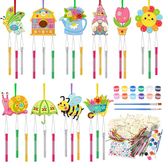 30 Pack Wind Chime Making Kit for Kids, Make Your Own Spring Tulip bee Wind Chime Wooden Ornaments for Girls and Boys DIY Crafts Activity Birthday Party Decoration