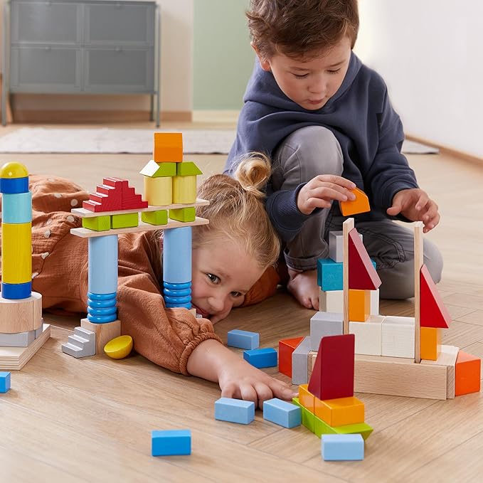 HABA Colored Wooden Building Blocks - Set of 85 Piece Set of Wooden Toys, Stacking Toys for Toddlers 1-3 Ideal Open Ended STEM Play (Made in Germany)