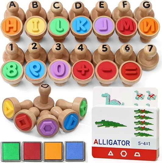 Atoylink Wooden Alphabet Number Stamps for Kids with Ink Pads, ABC Spell Learning Toys 26 Letter Stamps & Flash Cards, Preschool Educational Toy Gifts for 3 4 5 Year Old Boys Girls