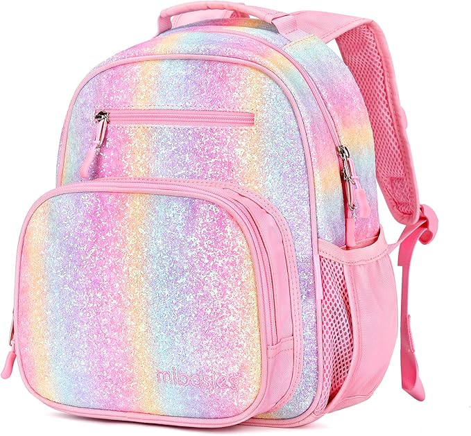 mibasies Toddler Backpack for Girls 2-4: Glitter Kids Backpacks for Girls - Preschool Kindergarten Backpack - Rainbow Pink