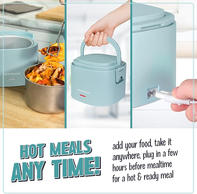 Nostalgia Portable 20-Ounce Electric Heated Lunch Box – Travel Size 2.5 Cup Capacity for Soup, Chili, and Leftovers – Leak Proof Silicone Sealed Lid, Foldable Carry Handle, Detachable Cord – Chambray