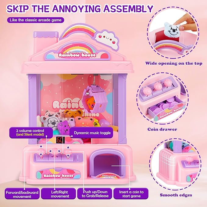 Mini Claw Machine for Kids | Girl Toys for Ages 8-13 Arcade Game Toy Claw Machine Electric Candy Vending Machine Toy with LED Lights & Adjustable Sound, Birthday Gifts for Girls Ages 4+, Pink
