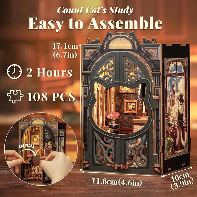 Fsolis Book Nook Kit DIY Scene Miniature Dollhouse Kit, 3D Puzzles for Adults, 108 Wooden Pieces, Bookshelf Decor Tiny House Mini Booknook Craft, Gift for Women Scale Model Lovers (Count Cat's Study)