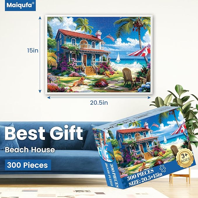 300 Pieces Puzzle for Adults | Beach House Puzzle | Recycled Cardboard Large Piece Jigsaw Puzzles 300 Pieces | Challenging Game Home Decor Birthday Party Gift Toy for Adults Kids Seniors 20.5*15 inch