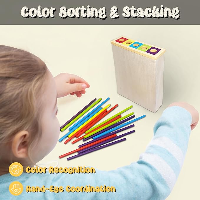 4-in-1 Board Game for Kids, Wooden Sorting & Stacking|Pick-up Sticks|Counting|Ball Drop Tower, Family Games for Kid and Adult, Montessori STEM Learning Toy for 3 4 5 6 7 8 Year Old Boy Girl