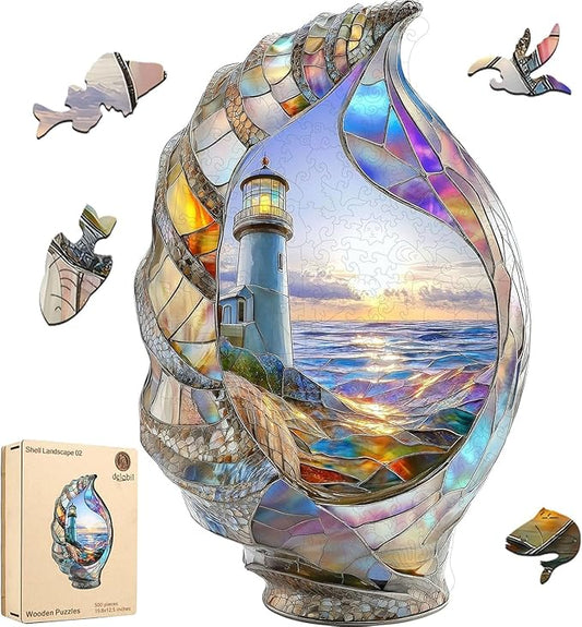 delobil Wooden Puzzles for Adults, Shell Landscape Jigsaw Puzzles 500 Pieces, Unique Shape Puzzles for Adults and Kids, 19.8 x 12.5 Inches Medium Size, Fun Challenging Puzzles Family Game
