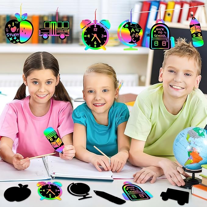 JULMELON 36 PCS Welcome Back to School Scratch Art for Kids, Rainbow Magic Paper Cards, First Day Gifts for Students, Classroom DIY Crafts Party Favors