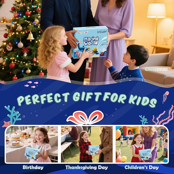 Air Dry Clay Kit - Ocean Theme, Modeling Clay for Kids, DIY Model Magic Clay with Sculpting Tools and Tutorials, 12 Boxes Molding Clay, Ultra Light, Soft & Non-Sticky, Arts and Crafts Gift for Kids