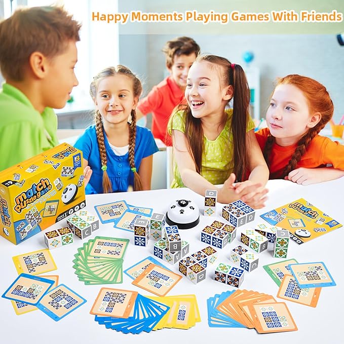 Wooden Matching Game Puzzle Games, Pattern Block Match Puzzles Building Cubes with Bell for Kids and Adults Toys Board Games for Family Night