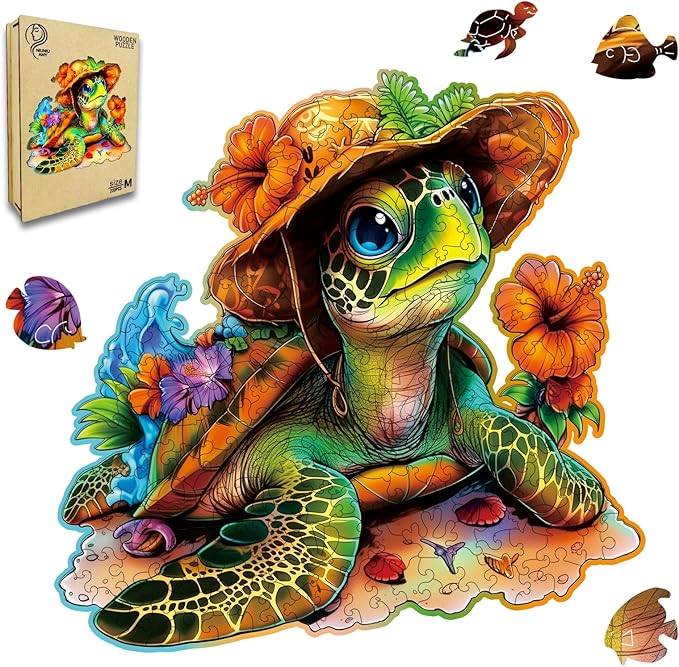 Wooden Jigsaw Puzzles,Vacation Sea Turtle Wooden Puzzles 200 Piece,Perfect for Family Game,Unique Shape Puzzles for Adults 11 x 11 Inch