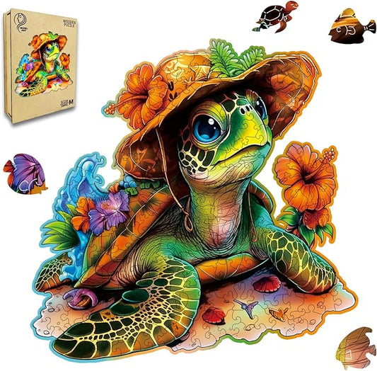 Wooden Jigsaw Puzzles,Vacation Sea Turtle Wooden Puzzles 200 Piece,Perfect for Family Game,Unique Shape Puzzles for Adults 11 x 11 Inch