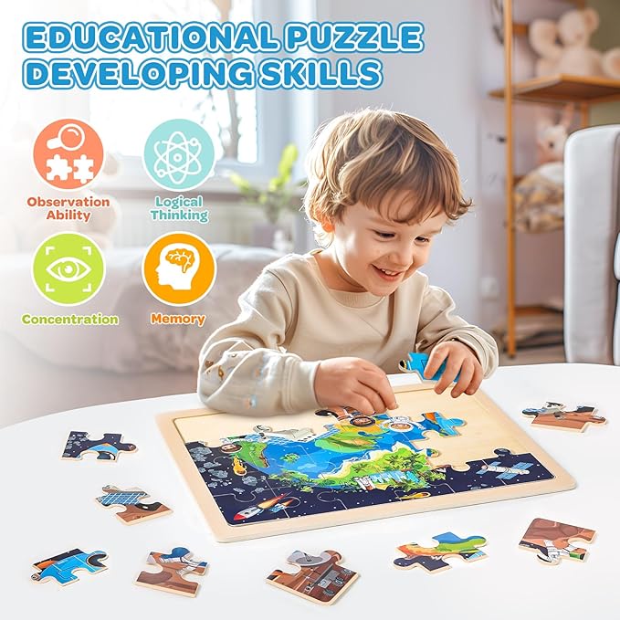 Wooden Puzzles for Kids Age 3 4 5 Year Old, 4 Pack 24 Pcs Toddler Jigsaw Puzzles for Girl Boy Geography Space Activities Preschool Learning Educational Birthday Gift Travel Autistic Wooden Toys