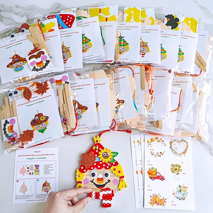 Winlyn 24 Sets Fall Craft Stick Scarecrow Head Making Kits DIY Popsicle Stick Scarecrow Heads Ornaments Art Sets for Kids Autumn Decorations Halloween Harvest Season Art Project Classroom Activities