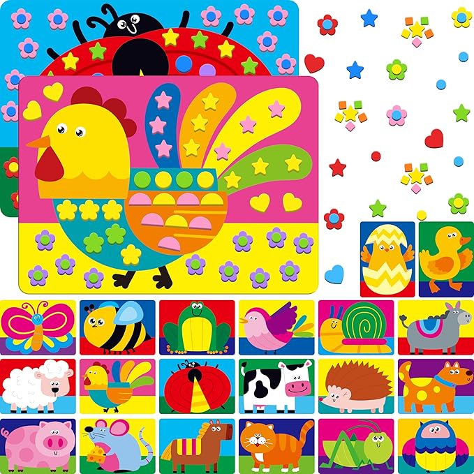 Foam Sticker Art Activity, 20 Farm Animal Art Boards with 1660 Foam Stickers in 10 Colors, Funny DIY Activity Creative Craft Kits Travel Game for Kids, Boys & Girls